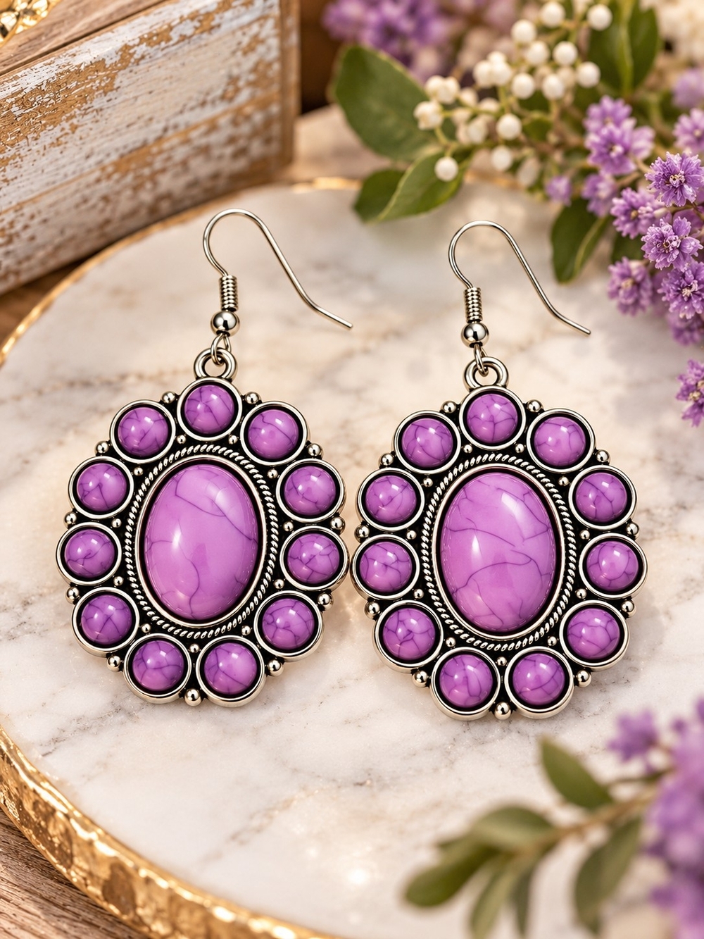 Purple Statement Earrings – Silver Tone Oval Dangle Earrings
